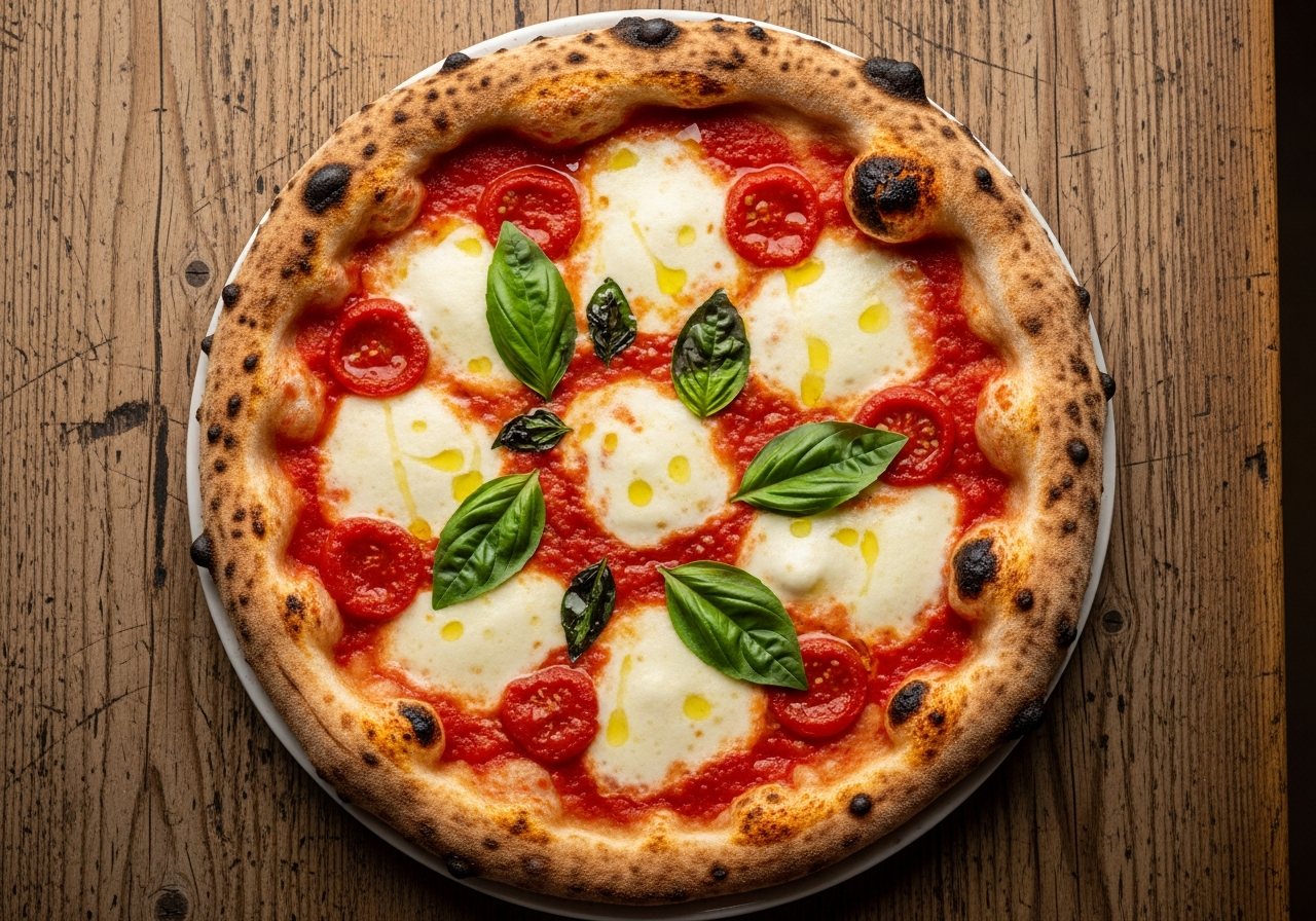 Wood-fired Margherita pizza fresh out of the oven